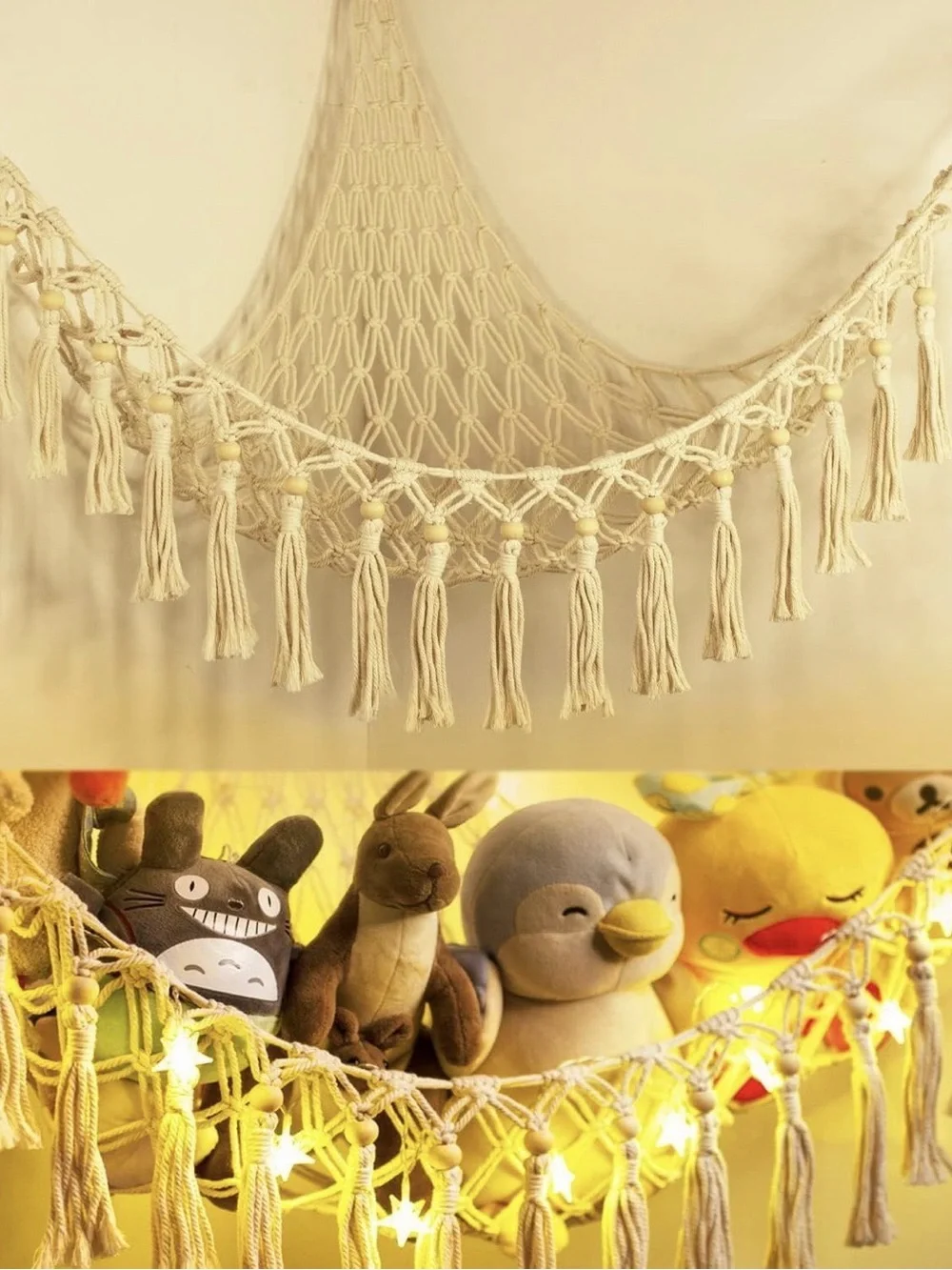 Cream Macrame Hanging Hammock Shelf with Tassels & Lights